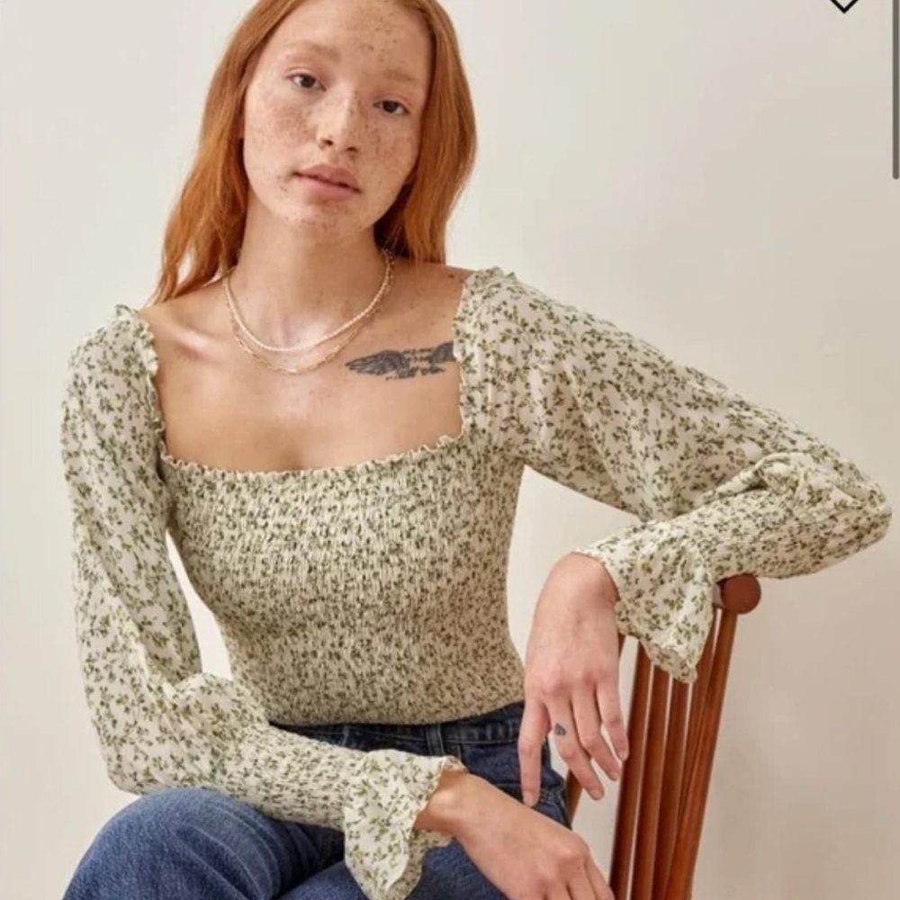 Reformation Green Puff Sleeve Smocked Blouse